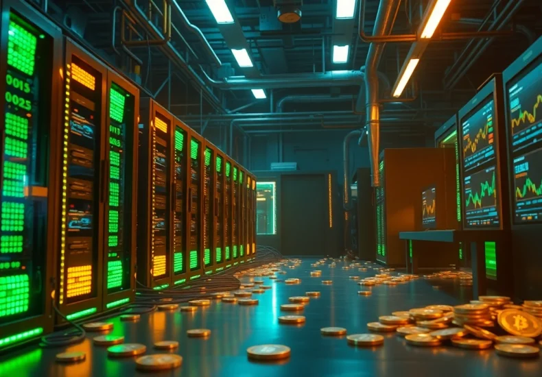 Explore an advanced Bitcoin mining setup showcasing glowing rigs and digital graphs, highlighting the energy of cryptocurrency mining.