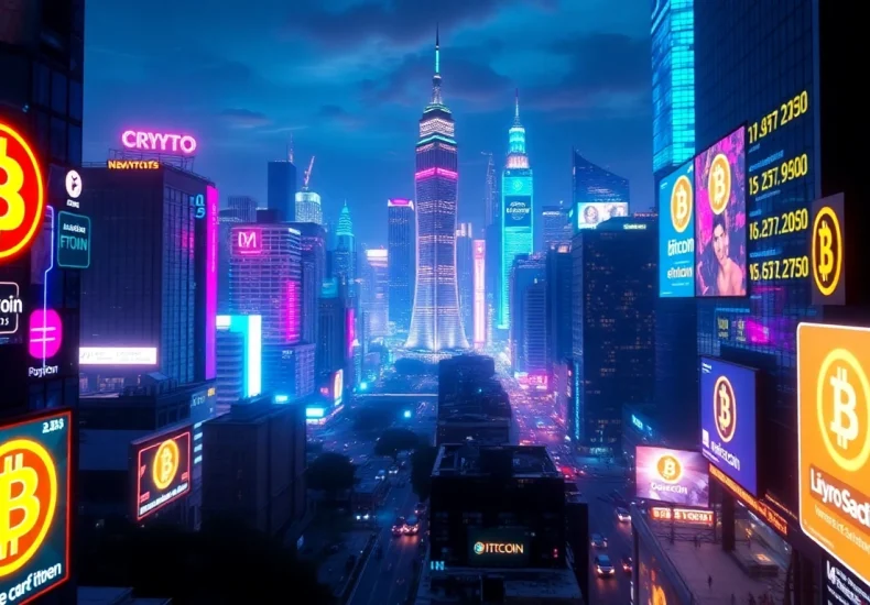 Explore Crypto's vibrant marketplace in a dazzling digital cityscape.