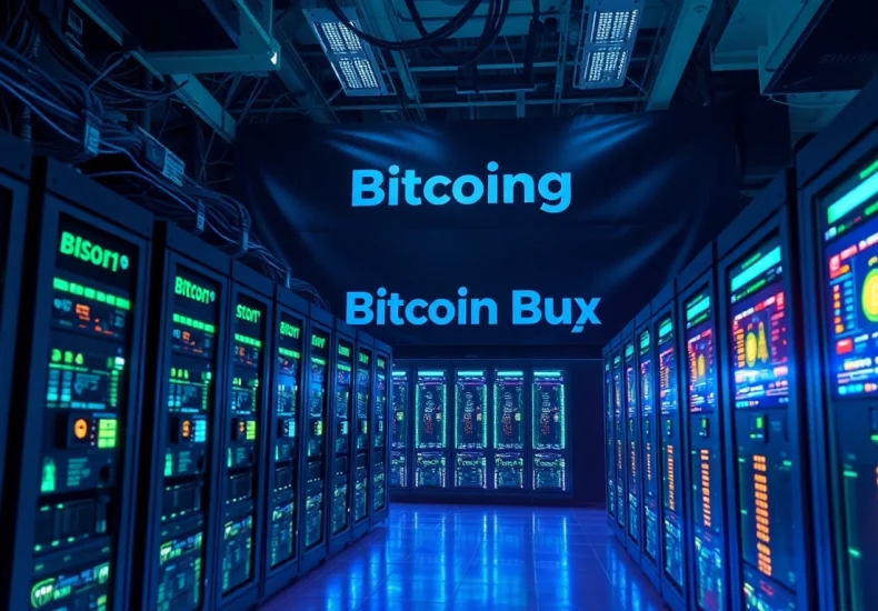 Explore the intricate setup of Bitcoin mining with advanced mining rigs in a high-tech environment.
