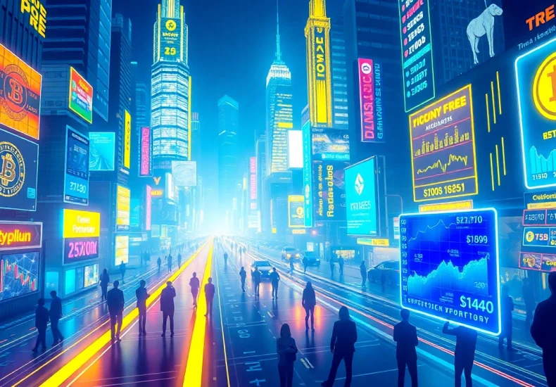 Visualize Crypto’s impact on modern finance with a vibrant cityscape filled with digital currency interactions.