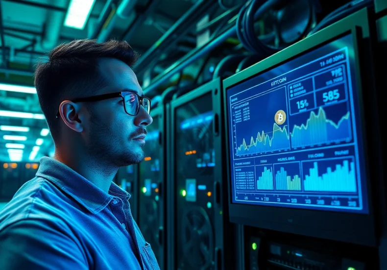 Explore Bitcoin mining processes within a high-tech facility with powerful mining rigs and digital analytics.