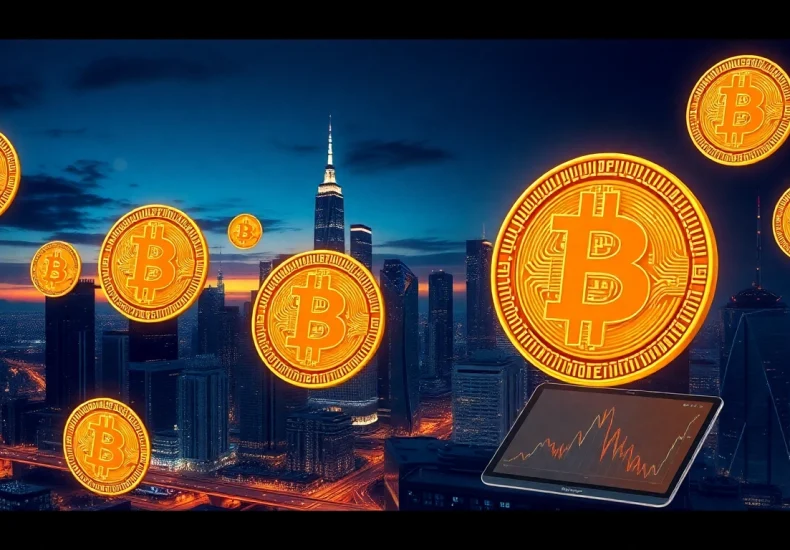 Visualize the excitement of Bitcoin with a digital skyline and floating bitcoins symbolizing innovation in cryptocurrency.