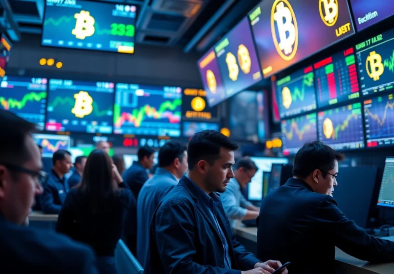 Traders analyzing lively Bitcoin trading charts on digital screens.