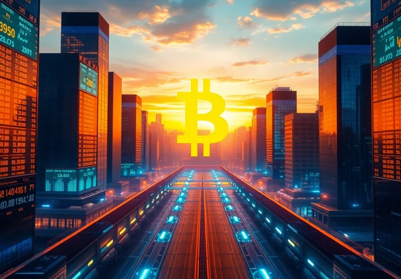 Illuminate your understanding of Bitcoin through this futuristic cityscape showcasing the iconic Bitcoin symbol.