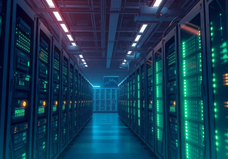 Explore Bitcoin mining operations through advanced mining rigs illuminating a high-tech environment.