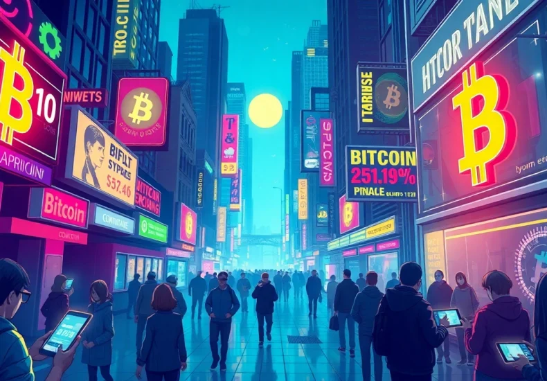 Explore a bustling future where Bitcoin trades thrive, depicting vibrant city life and digital transactions.