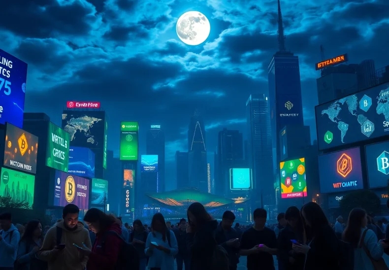 Explore the vibrant world of Crypto users engaging with digital currencies in a neon-lit futuristic city.
