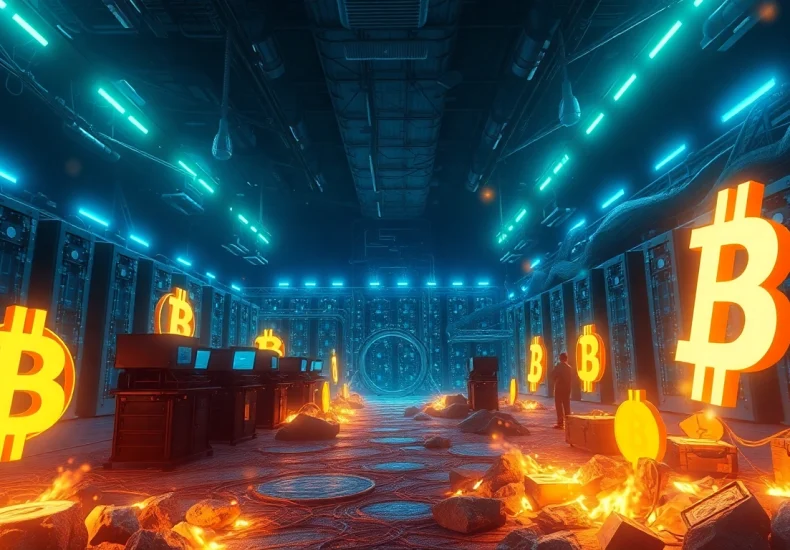 Experience the journey of Bitcoin mining through a digital landscape depicting miners at work in a high-tech facility.
