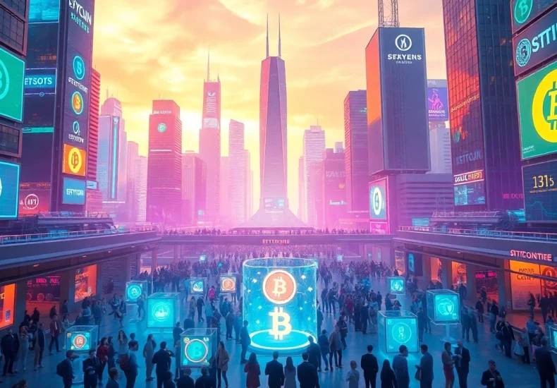 Discover a vibrant crypto cityscape showcasing bustling markets, digital currency exchanges, and vibrant holographic elements.